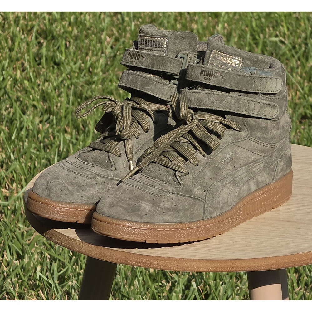 Puma Sky II Hi Suede High Top Sneakers Olive Green Gum Sole Women's